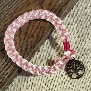 Braided Pale Pink Silk Antique Brass Tree of Life Charm Button Bracelet